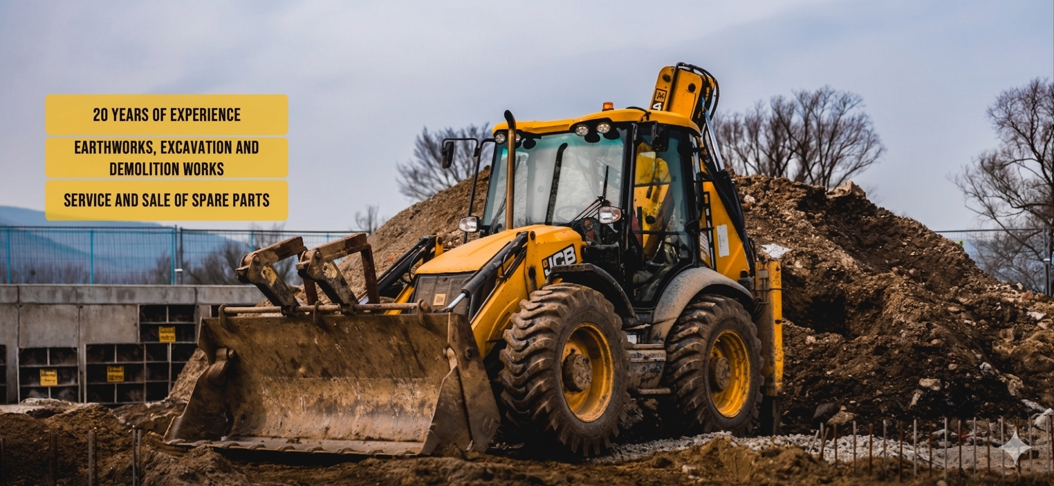 Žltý rýpadlo-nakladač JCB pri zemných a výkopových prácach v Košiciach - SUREL